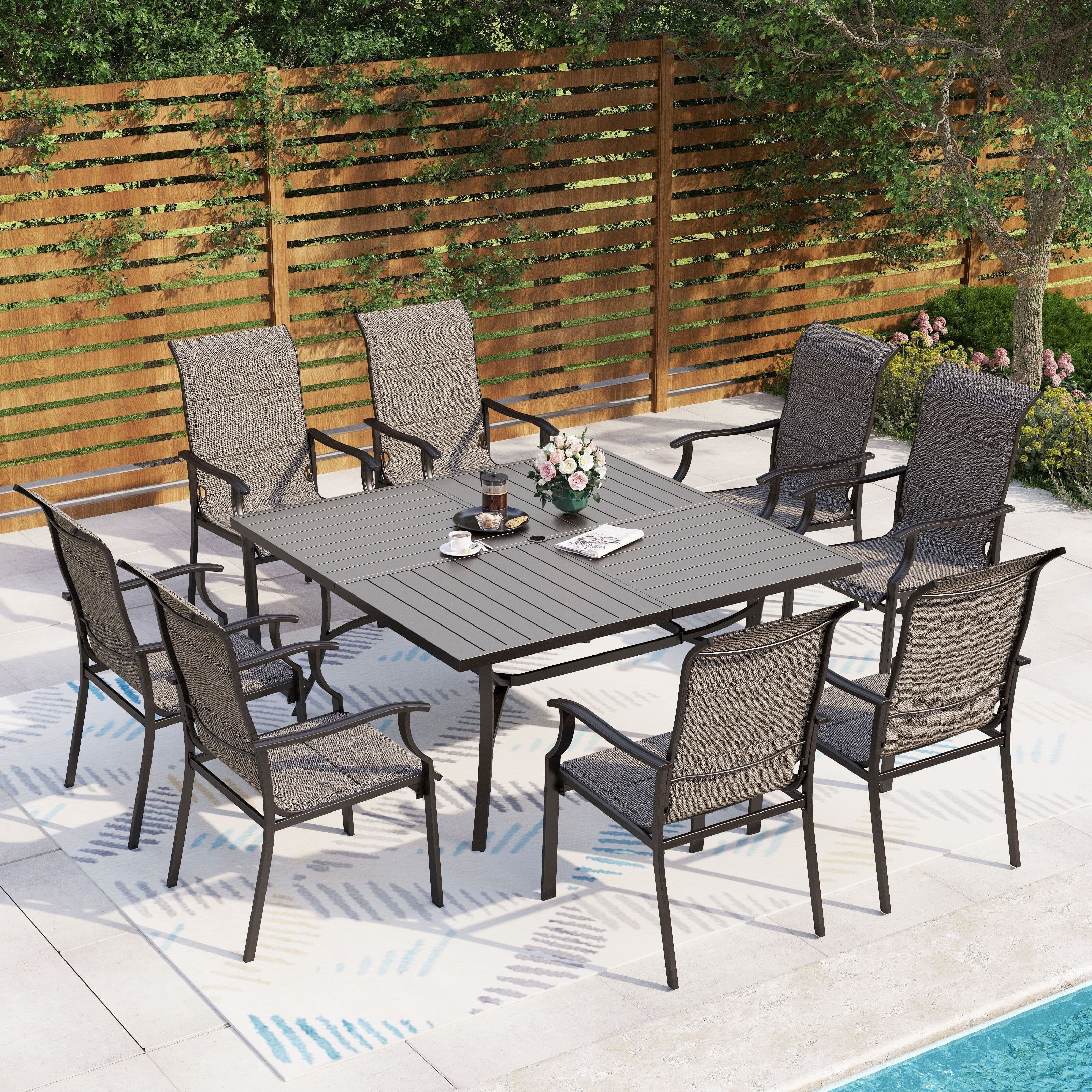 MAISON ARTS 9 Pieces Patio Dining Set, 60 Inch Square Metal Table and Sling Dining Rocking Chairs
