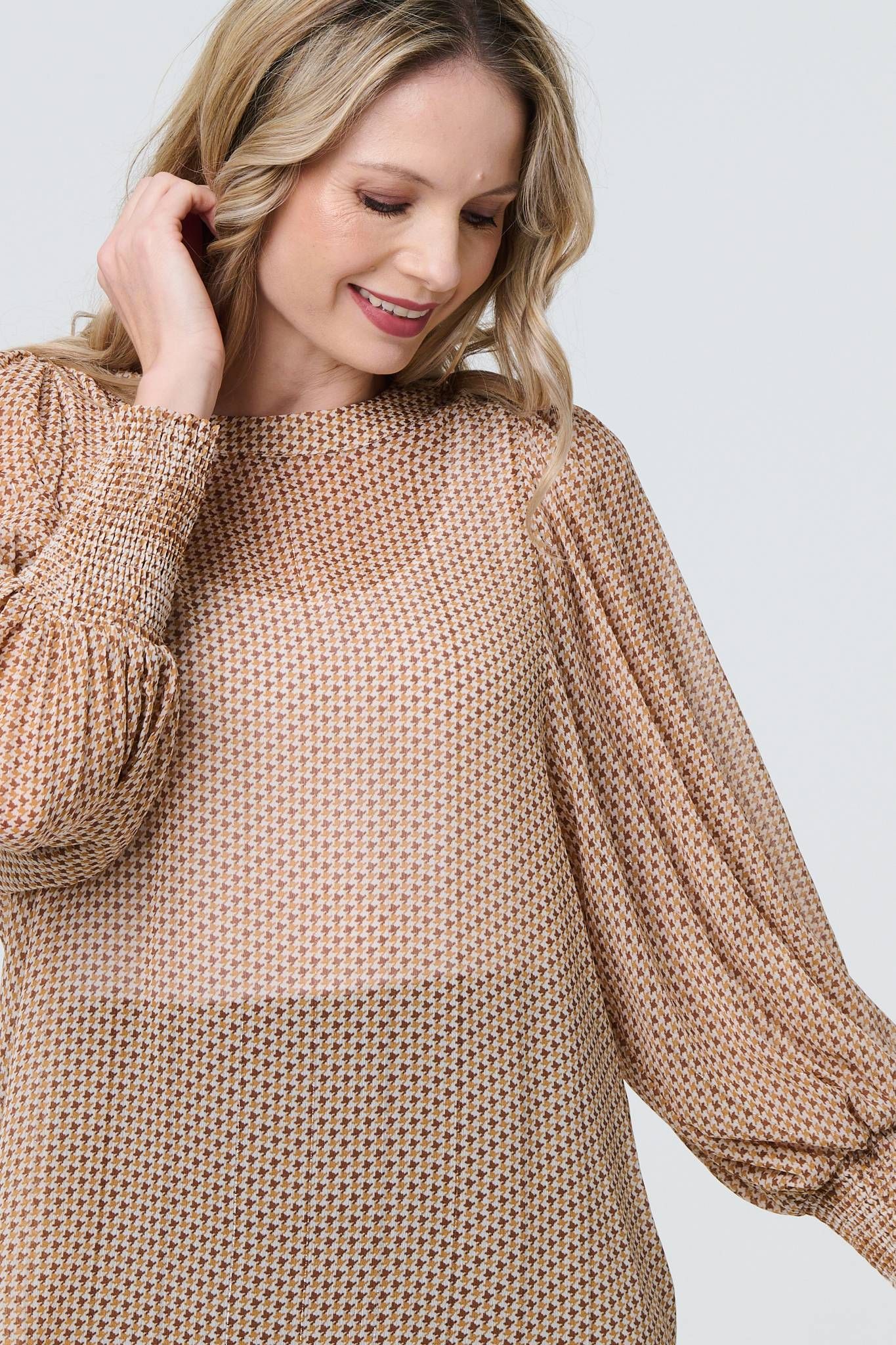 Izabel London Mesh Fishnet Long Puff Sleeve Top