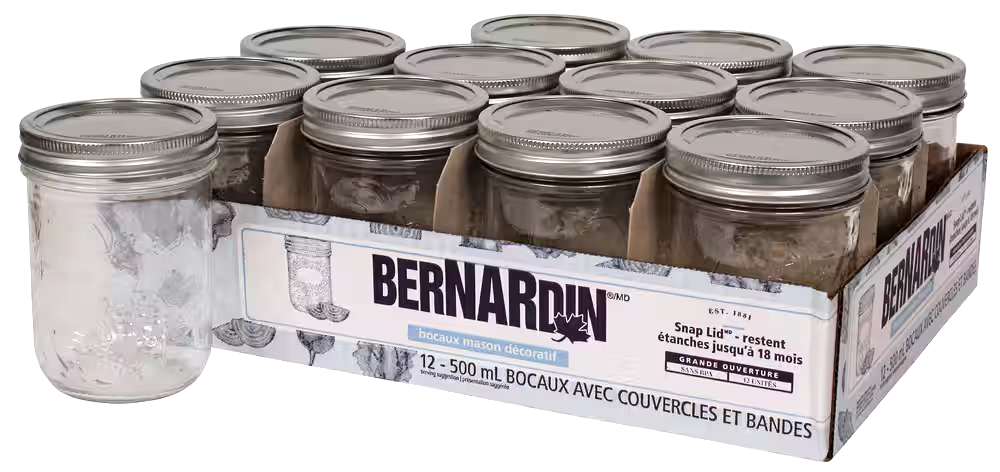 Bernardin Wide Mouth Decorative Glass Mason Jars with Snap Lids, 500 ml, 12 Count