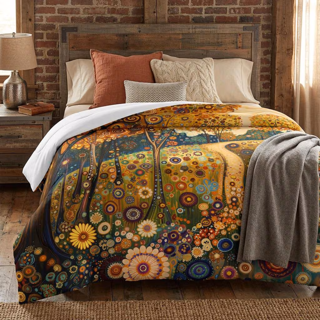 Comforter, 100% Cotton, Gustav Klimt Inspired Lightweight Botanical Forest Cozy Bedspread, One Sided Print, Bedding in 4 Sizes