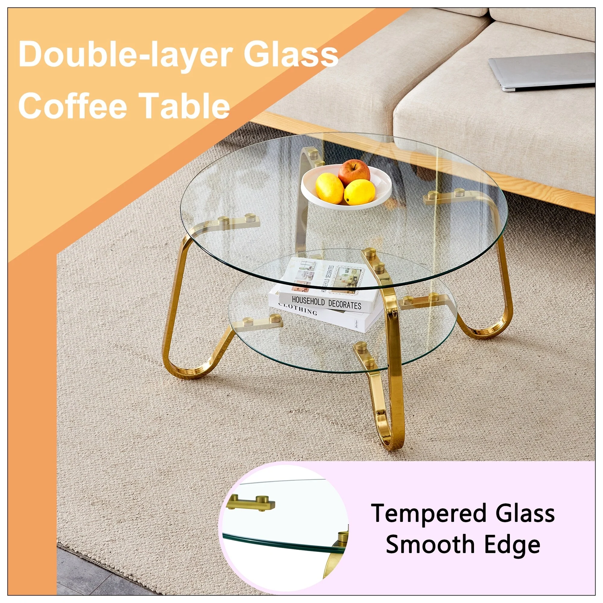 Retro minimalist style metal frame double-layer tempered glass coffee table