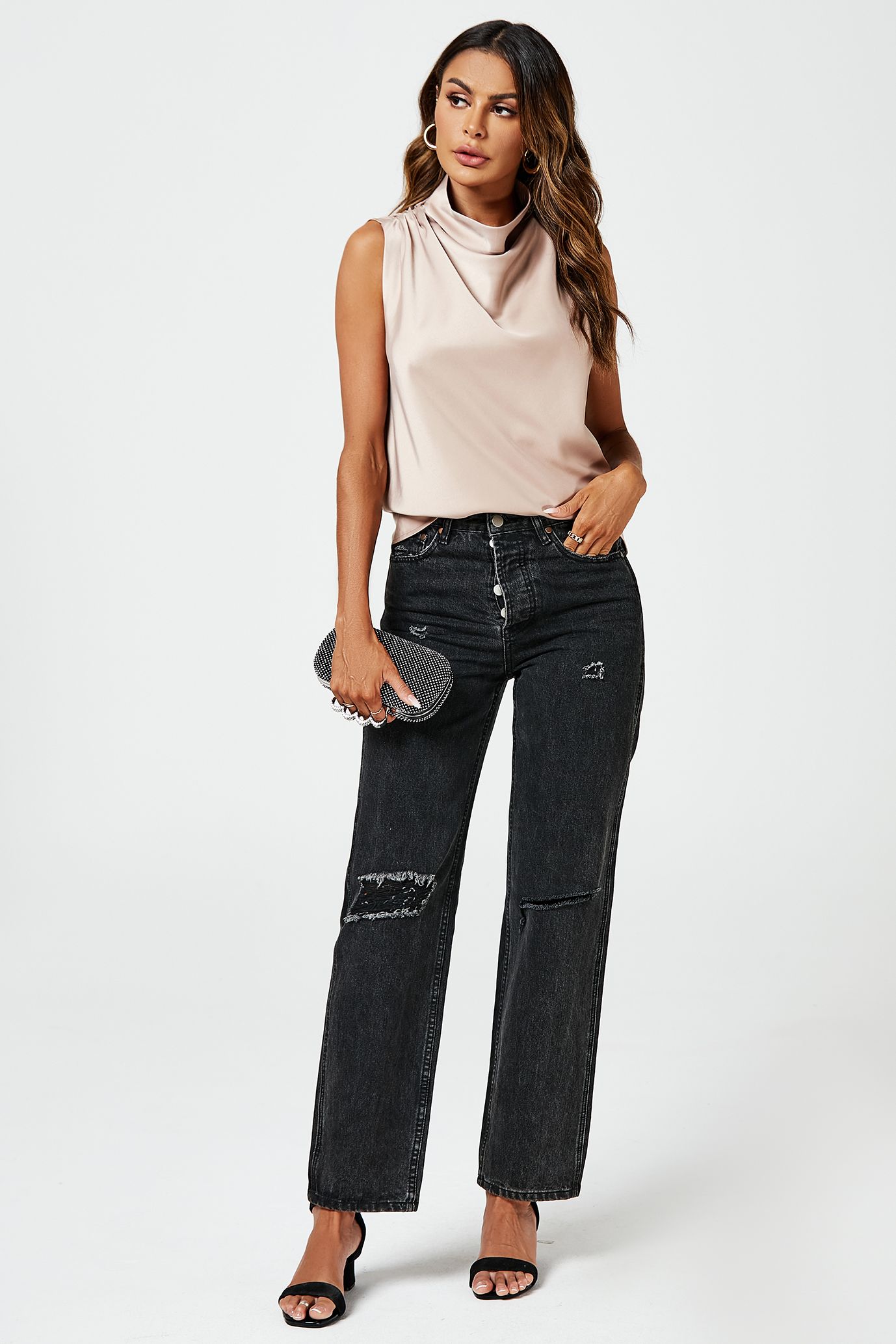 FS Collection Satin High Neck Sleeveless Blouse