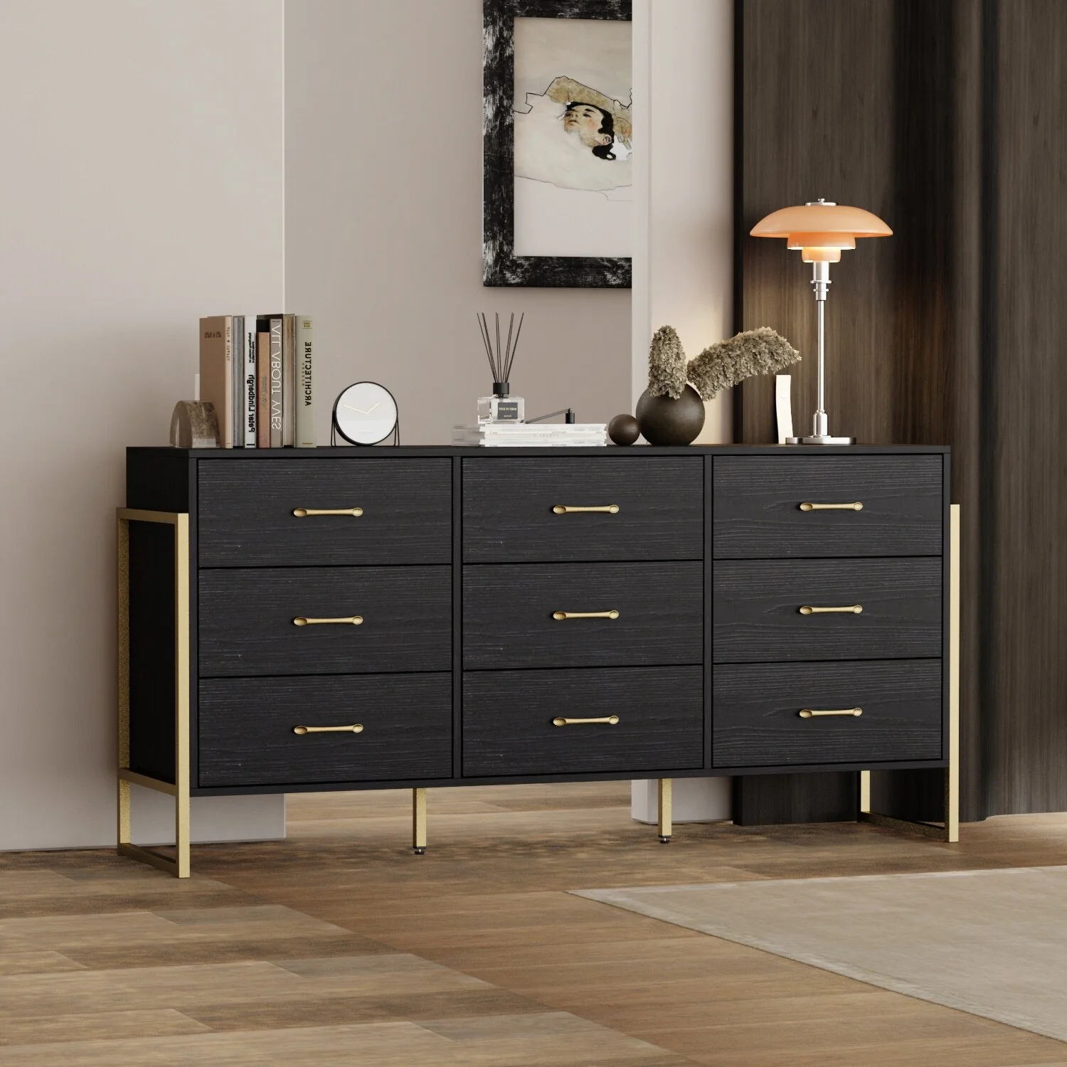 Elegant 9-Drawer Dresser with Gold Accents - Black Stripe Finish Chest