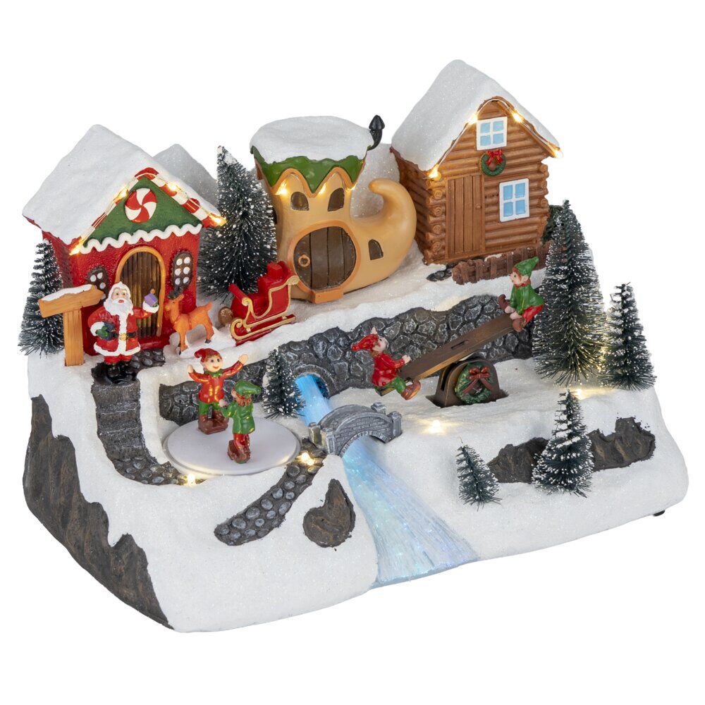 Village de No&euml;l animé LED scène lutins 28,5x19xH18cm
