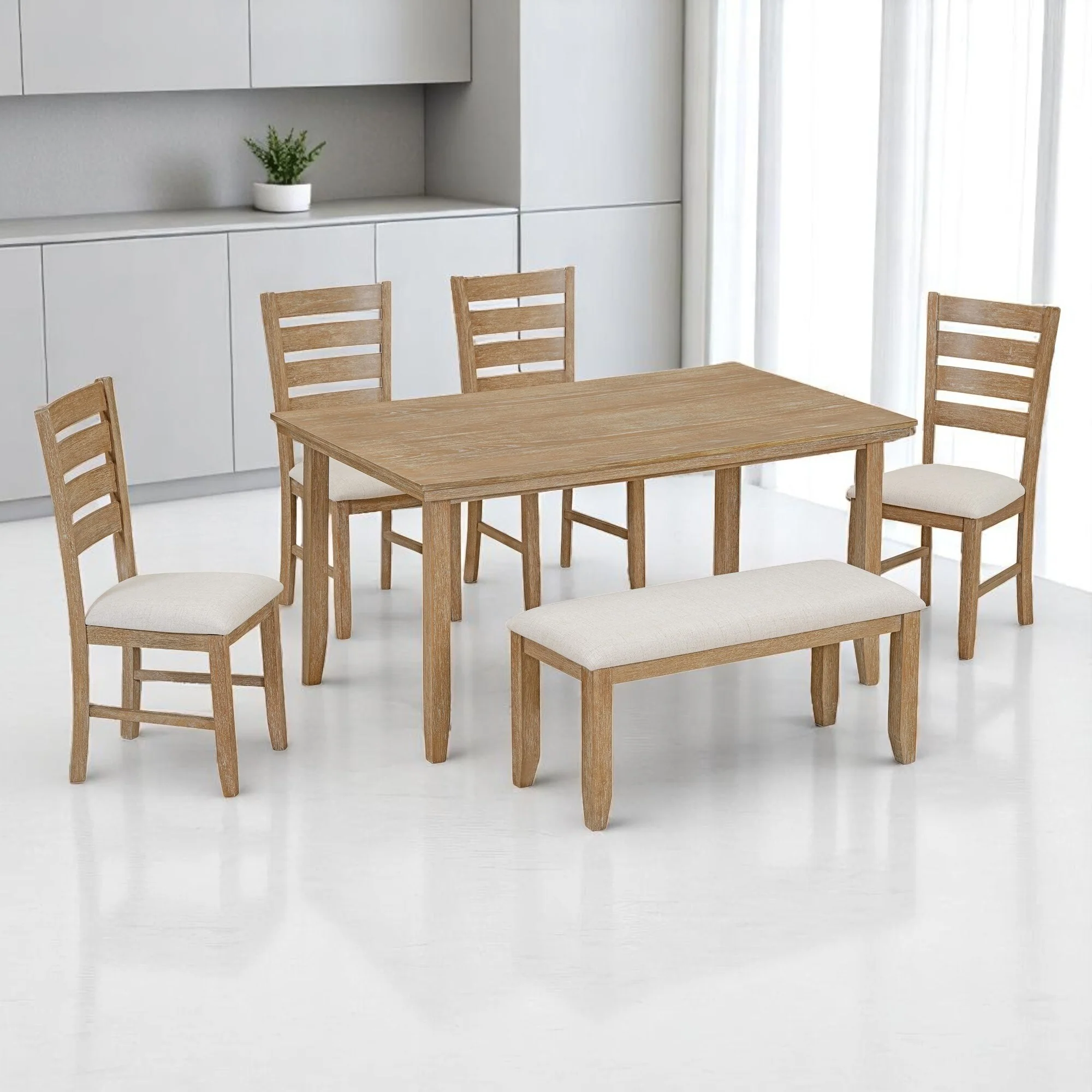 6-Piece Dining Set for 6, Rustic Wood Dining Table with 4 Chairs and Bench, Upholstered Seats for Kitchen or Dining Room