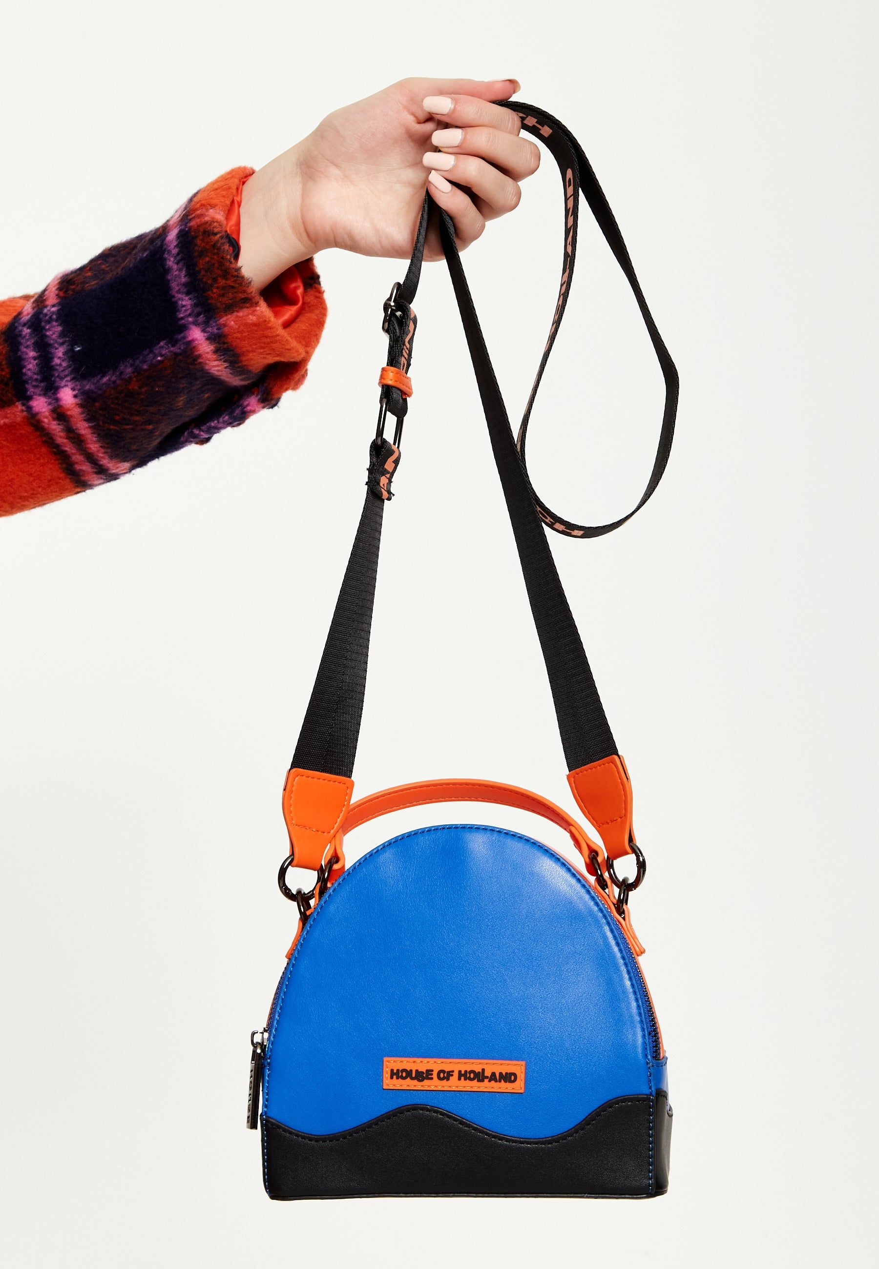 House of Holland Cross Body Bag In Royal Blue, Orange And Black With Printed Logo