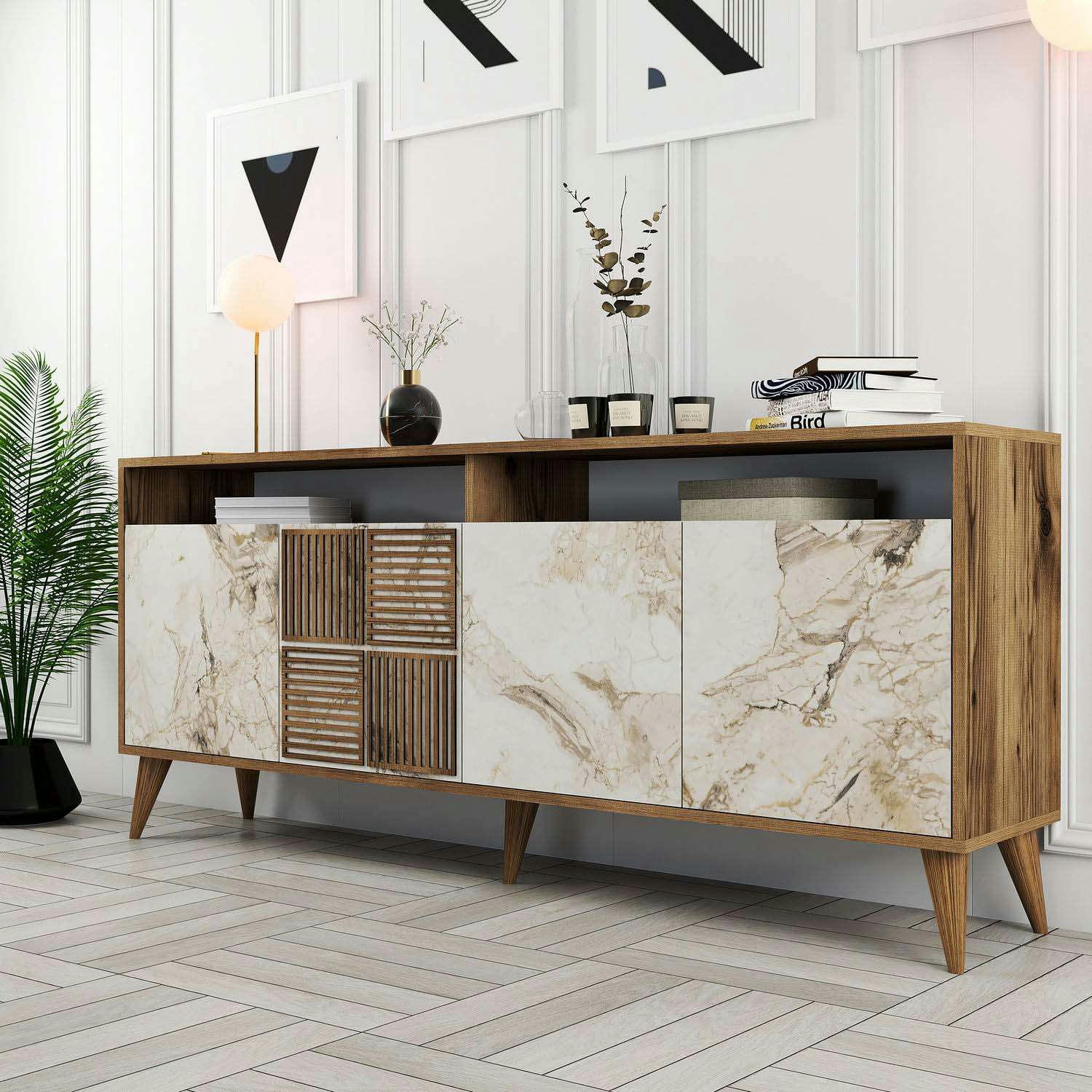 - Buffet en aggloméré 4 portes milan noyer et imitation marbre blanc