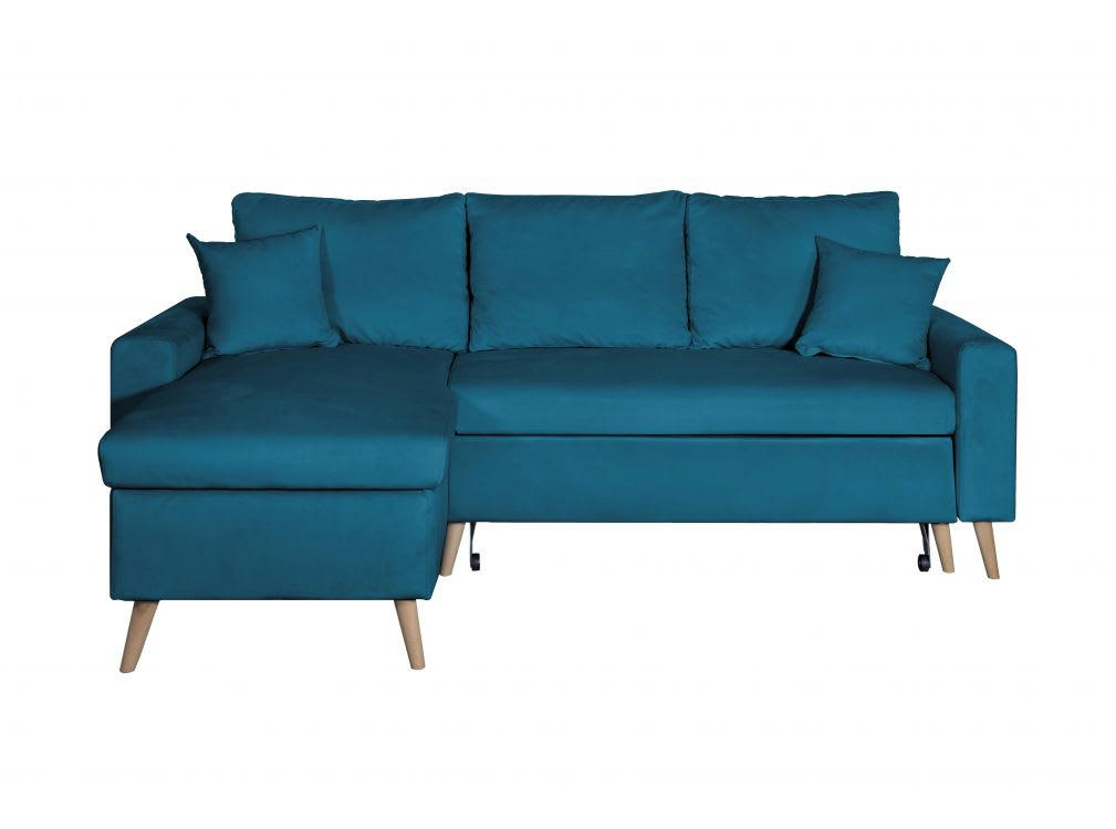 MARIA SCANDINAVE - Canapé d'angle convertible 3 places scandinave en velours - Bleu
