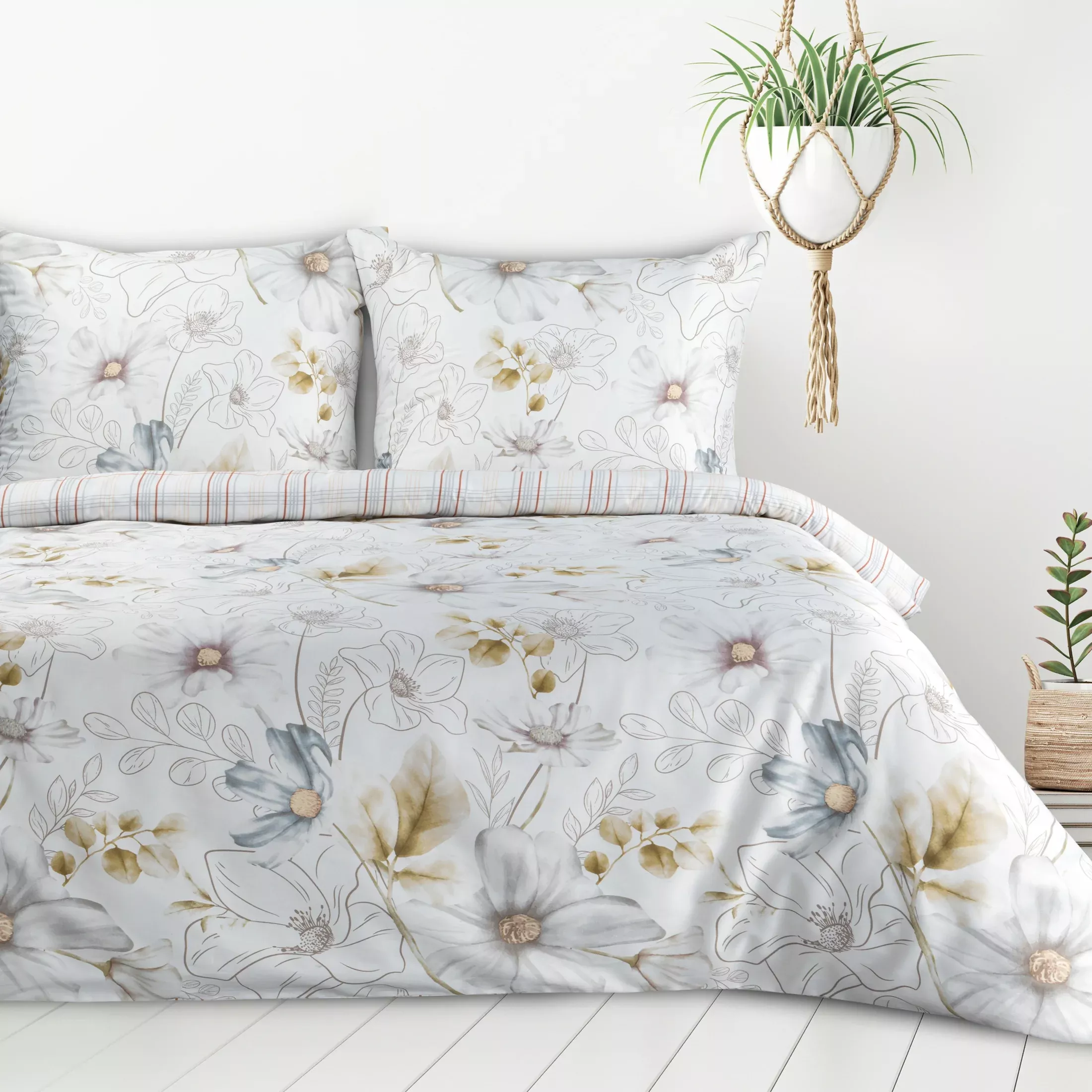 Pościel 220x200 cm komplet 3 częściowy z bawełny i mikrowłókna kolor biały, musztardowy z nadrukiem kwiatów LEA9 Design 91