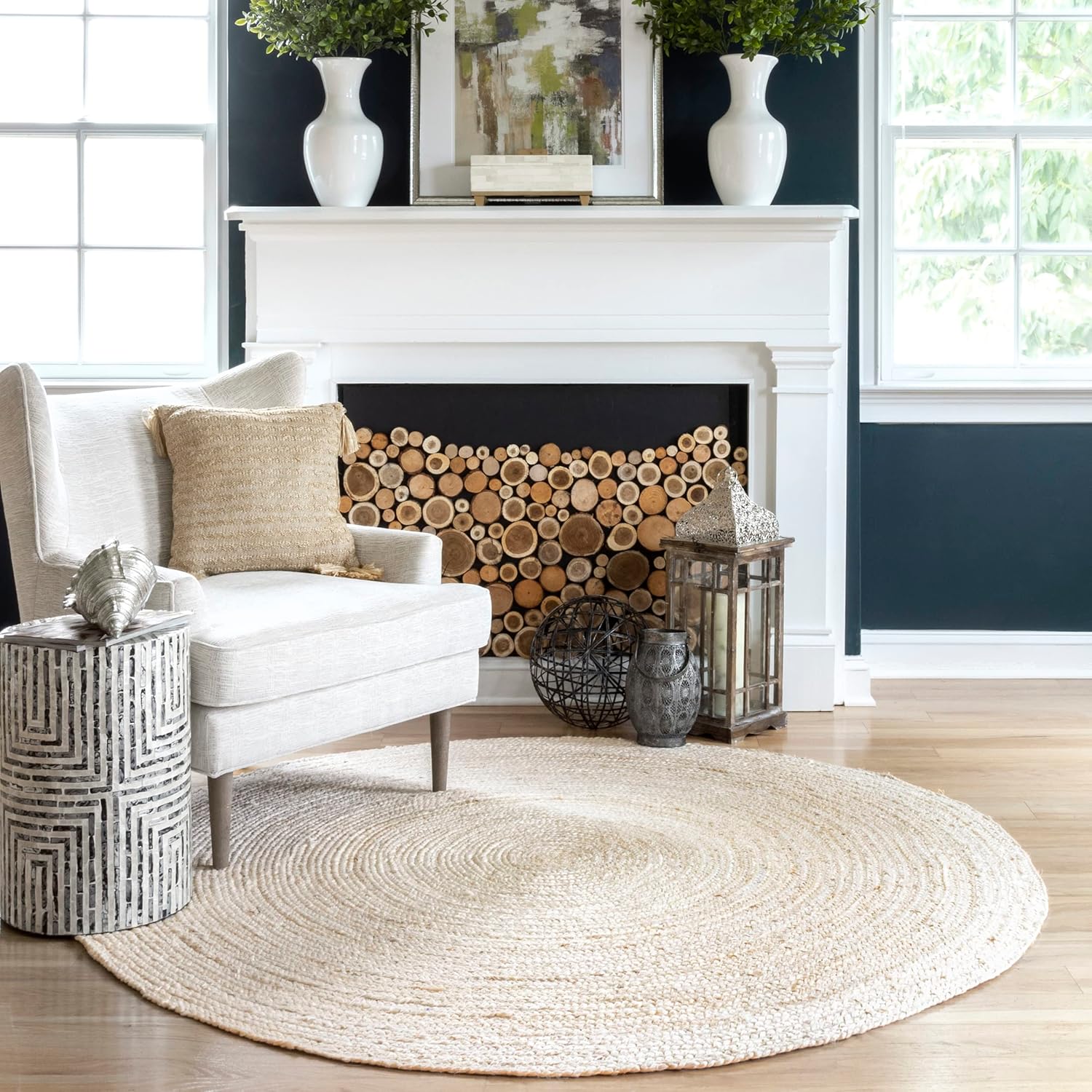 nuLOOM 8 Round Rigo Jute Hand Woven Area Rug, Off White, Solid Farmhouse Design, Natural Fiber, For Bedroom, Living Room, Dining Room, Hallway, Office, Kitchen, Entryway
