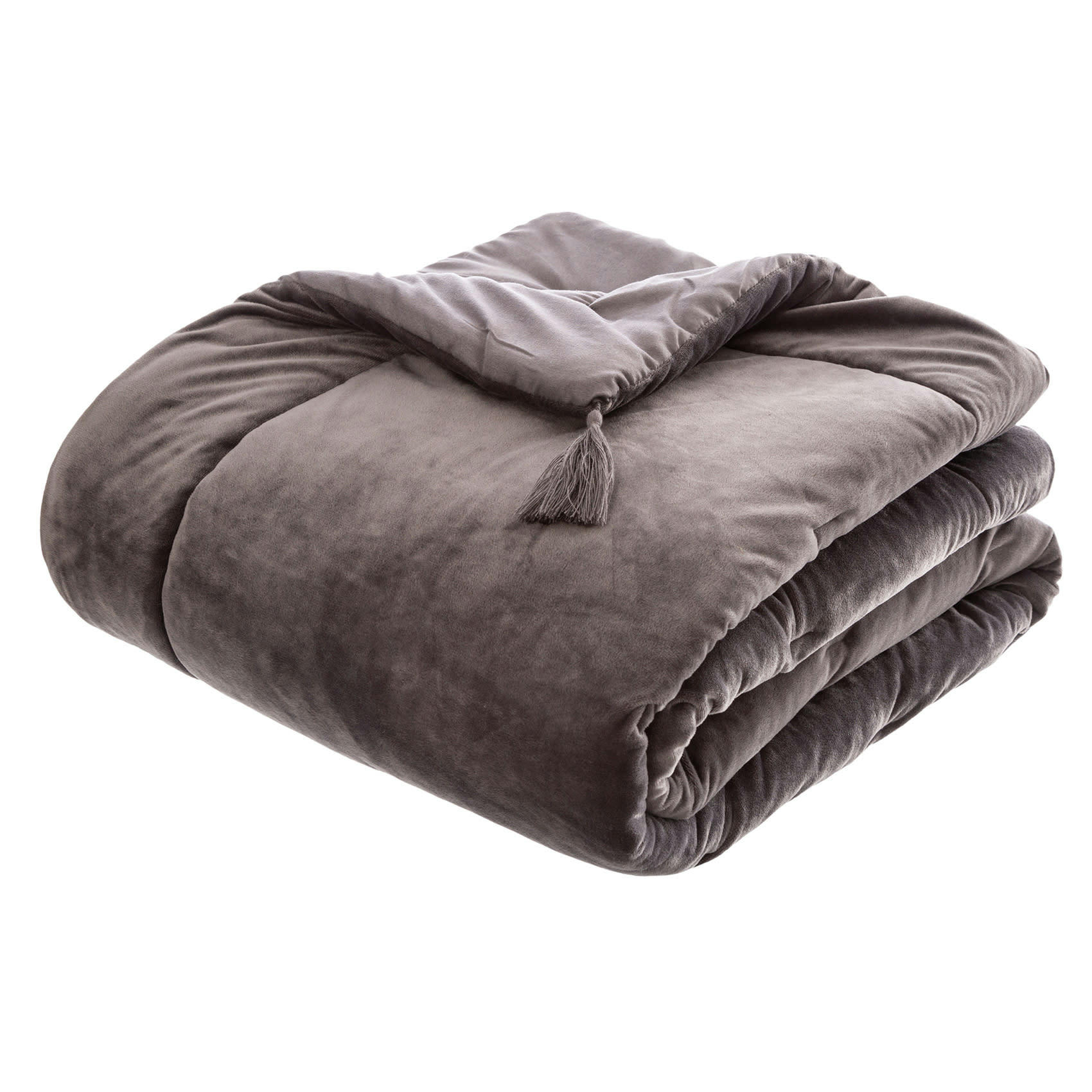 - Édredon en velours et pompons polyester/velours gris clair 80x180 cm