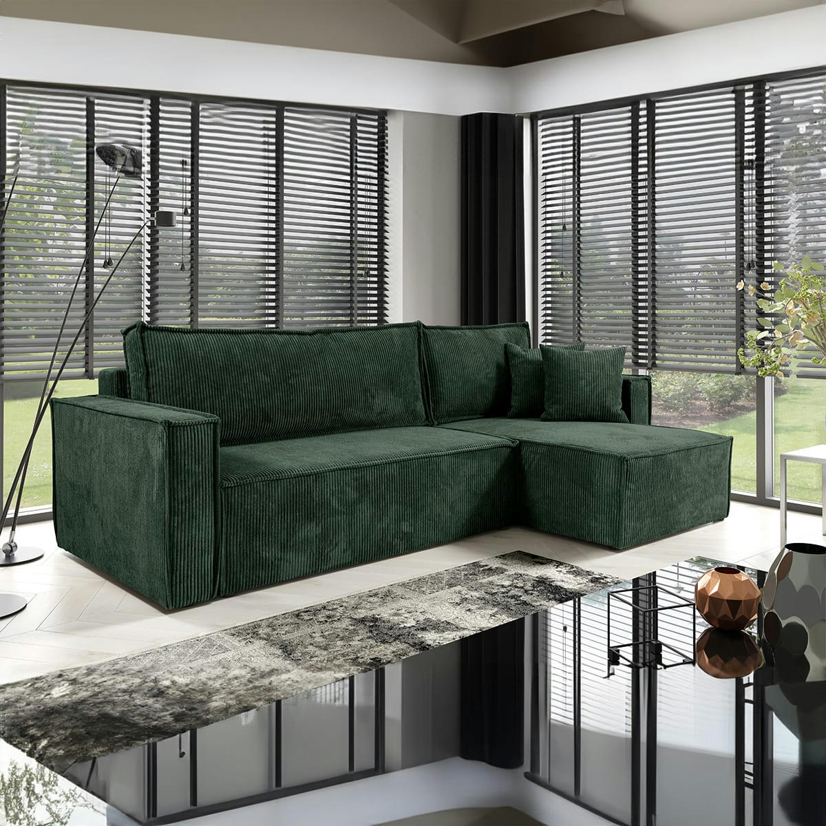 - Canapé d'angle réversible convertible 3 places velours côtelé vert