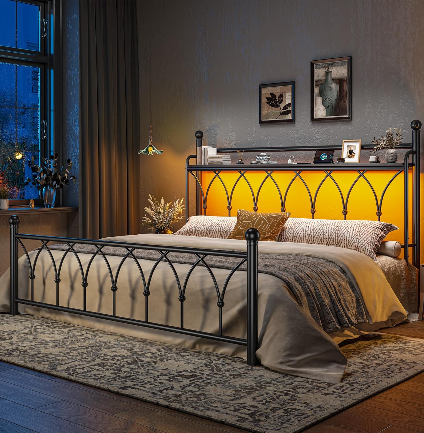 EnHomee 54 King Bed Frame with Tall Storage Headboard, Metal King Size Bed Frame with LED Lights and Power Outlets, Sturdy & Noise-Free, Metal Slats, No Box Spring Needed, Black