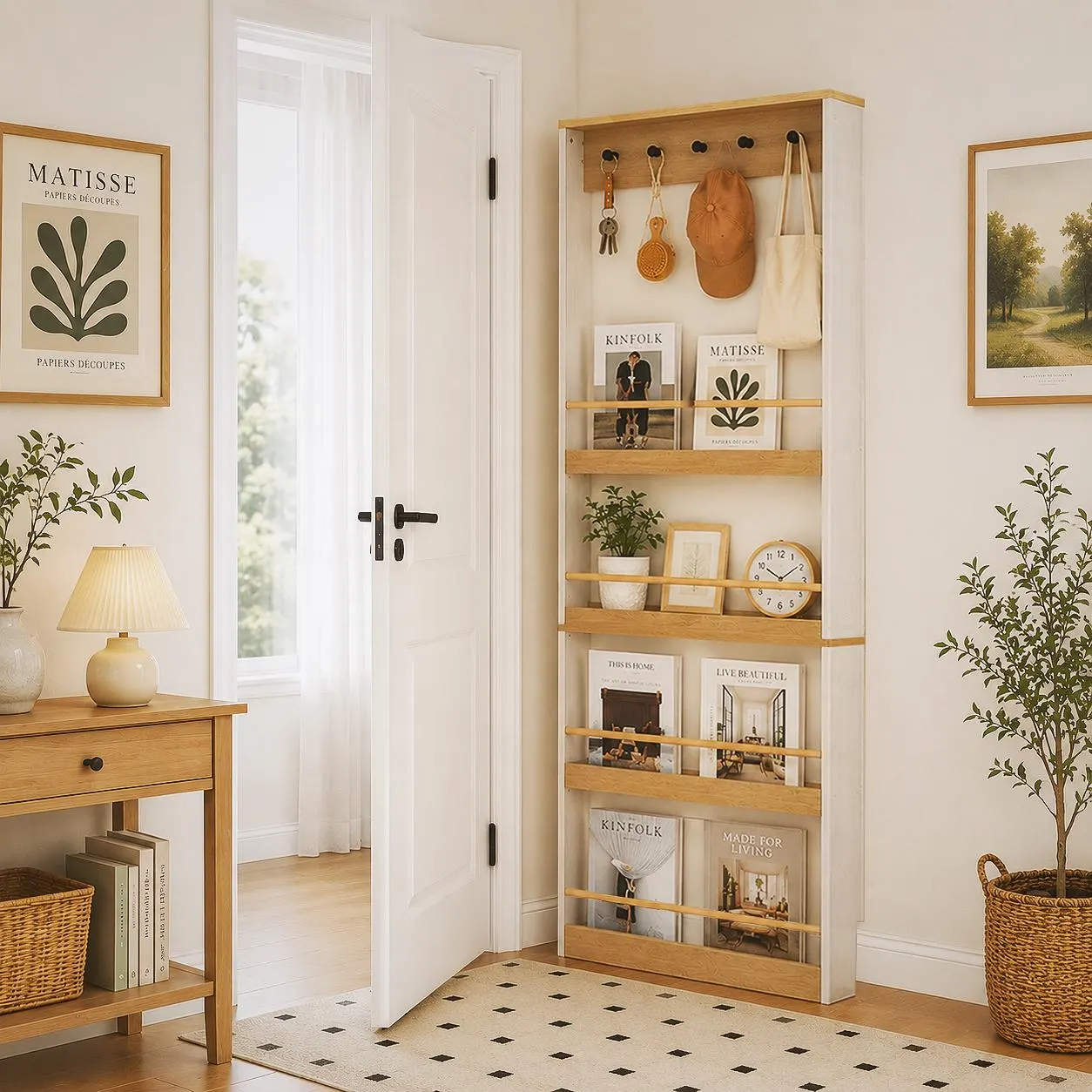 Vintage Behind-The-Door Slim Bookcase Narrow Storage Cabinet White Space-Saving Organizer for Small Spaces