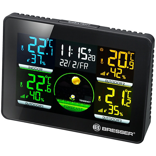 Bresser Thermo Hygromètre avec 3 Capteurs Sans Fil écran Couleur 4 Points de Mesure Horloge Tendance Météo Intérieur Extérieur