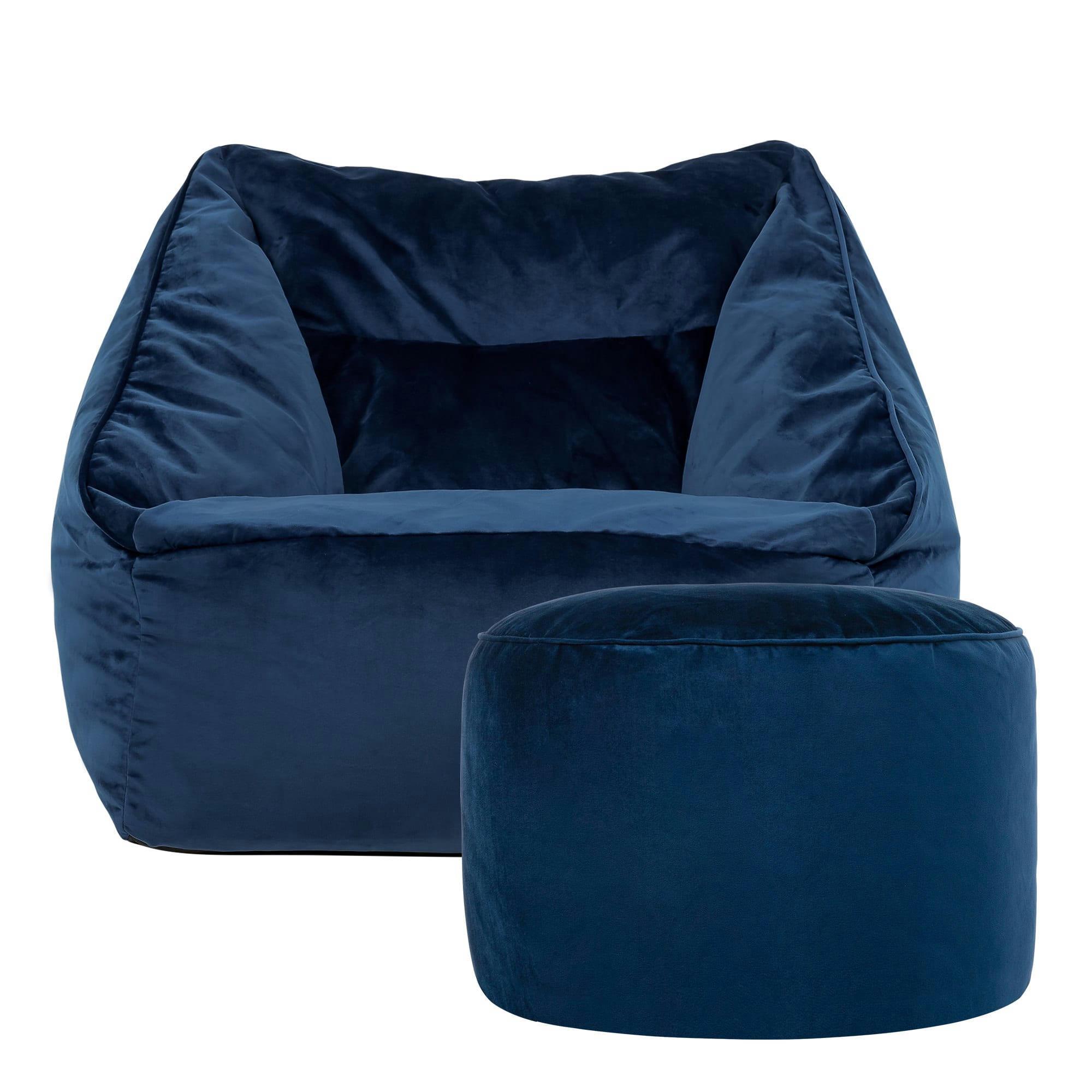 NATALIA - Pouf fauteuil avec repose-pied rond velours bleu marine