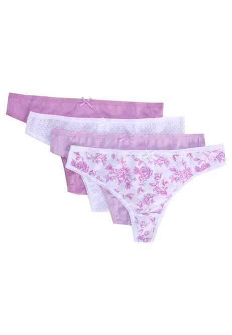 Womens 4pk Lilac Floral Print Thongs