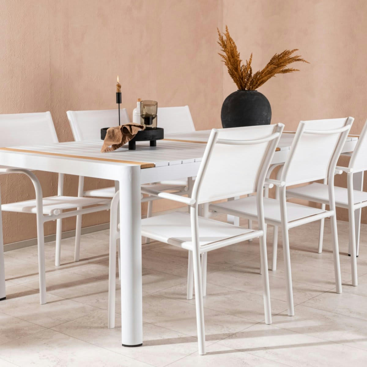 MADRYN - Table de jardin 200x100cm en aluminium et bois blanc