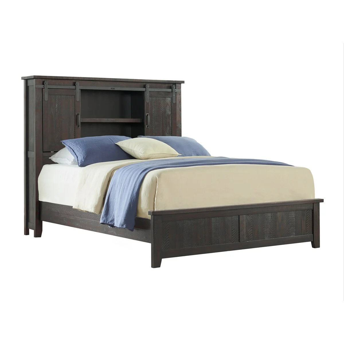 Vilo Home Modern Western 5pc Brown Solid Wood Queen Size Bed with Built in Shelf Space