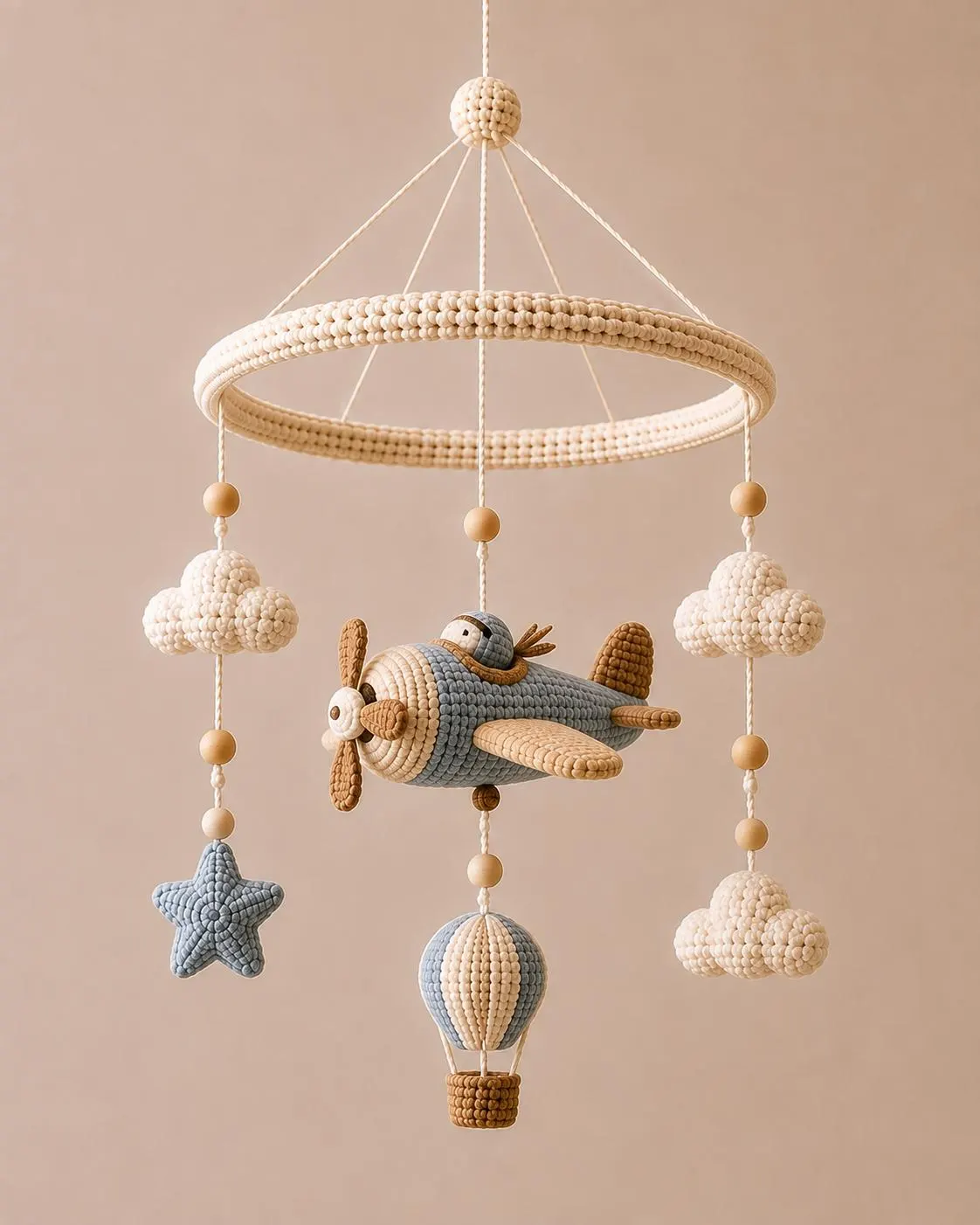 Little Airplane Baby Mobile, Aviation Nursery Decor, Handmade Clouds Balloon Crib Toy