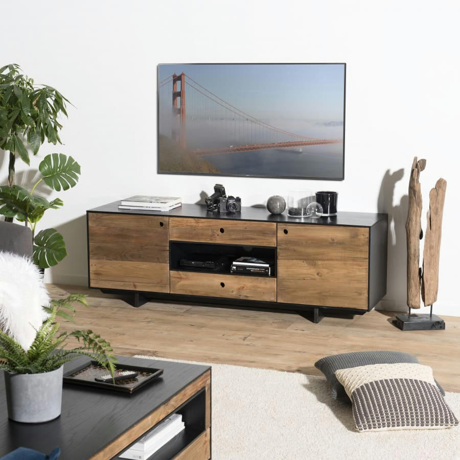 ANDREA - Meuble TV 2 portes 2 tiroirs 1 niche en pin recyclé naturel et noir