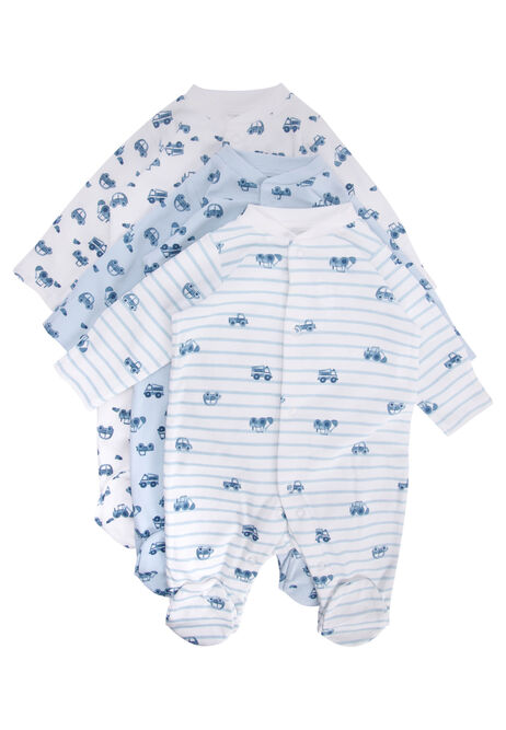 Baby Boys 3pk Blue Cars Sleepsuits