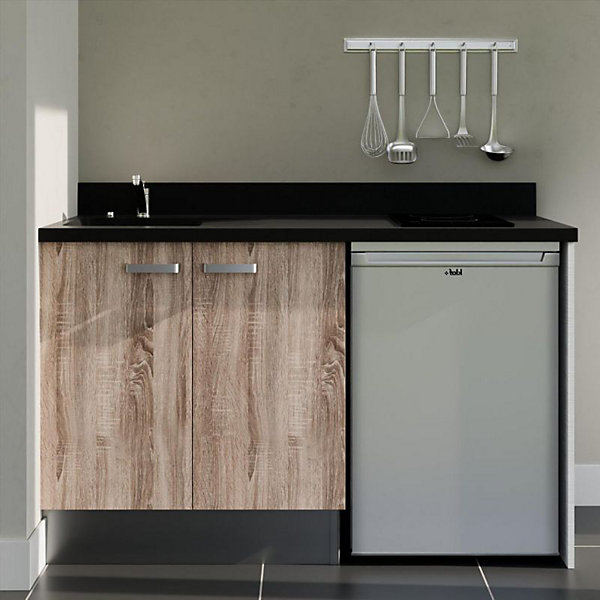 Kitchenette K17 - 140 cm - façades Bois - Plan monobloc en quartz coloris Nero évier à gauche - Electroménager Inox