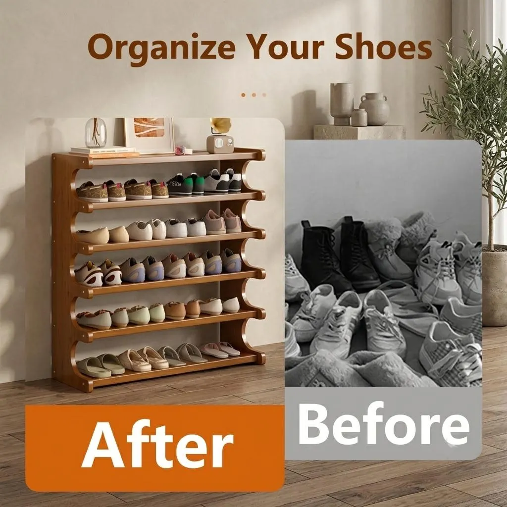 Bamboo Shoe Rack, Entryway Shoe Organizer, Wooden Shoe Storage Bench, Space Saving Shoe Shelf, Shoe Rack for Entryway, Living Room, Garage