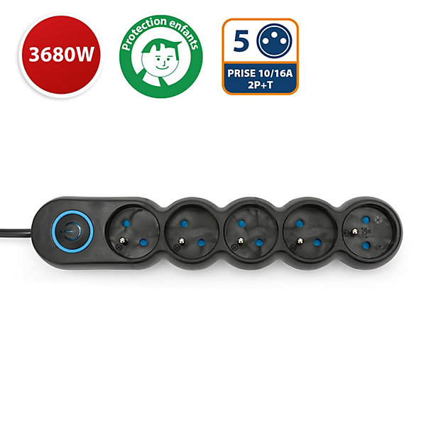 Multiprise 5x16A, avec interrupteur, câble 1,5m, H05VV-F3G1.0MM2, CE, NF. Noir