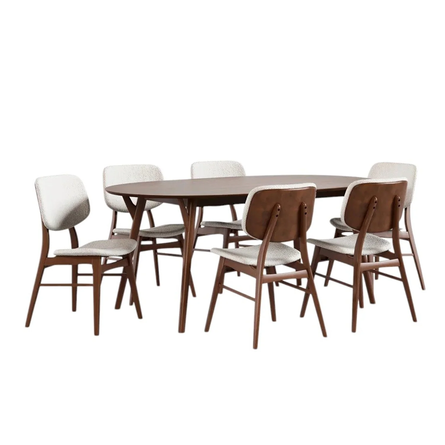 Oval Wooden Dining Set with with Angled Legs in Walnut and Beige