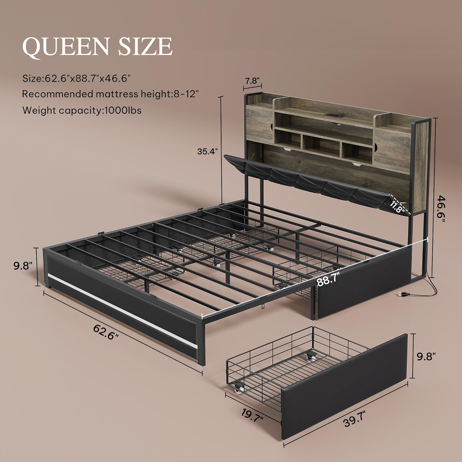 DWVO Queen Size Bed Frame with RGB LED Lights & Storage Bookcase Headboard, Upholstered Bed with Charging Station and 4 Drawers, No Box Spring Needed, Easy Assembly, Noise-Free, PU Leather Black