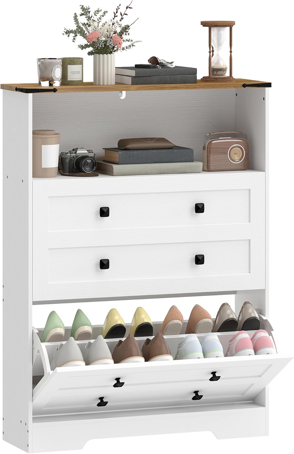 HOMCOM Shoe Cabinet with 2 Flip Drawers, Narrow Shoe Storage Cabinet with Adjustable Shelves and Open Shelf, Farmhouse Storage Organizer for Entryway, Hallway, Holds 12-16 Pairs, White