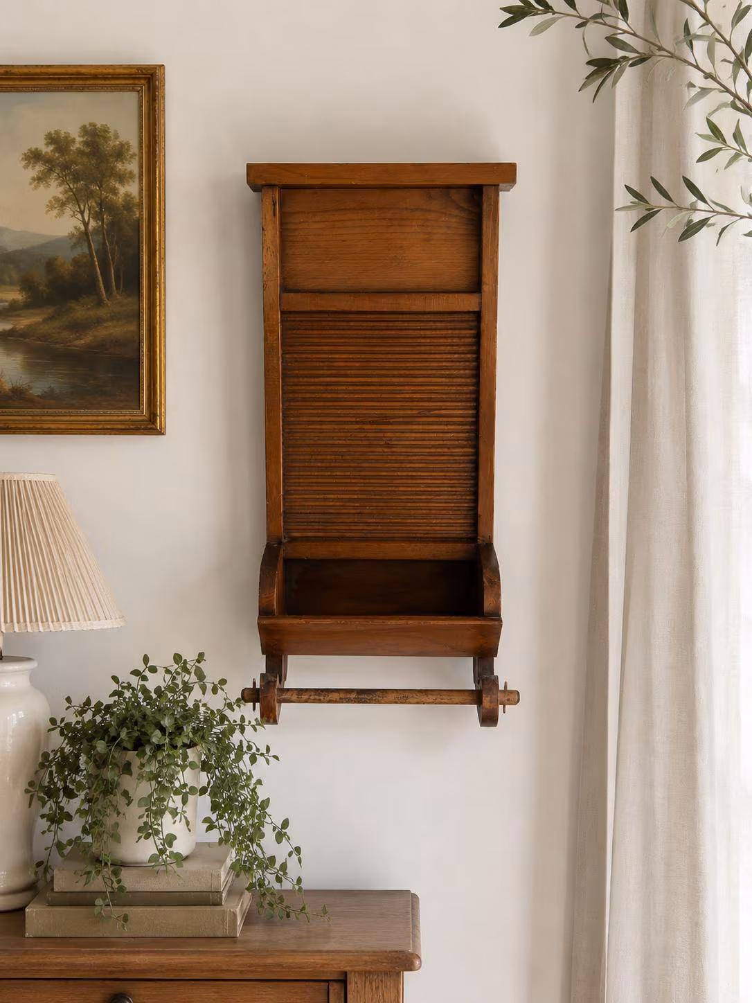 Vintage Solid Wood Wall-Mounted Organizer Shelf Washboard and Towel Rack
