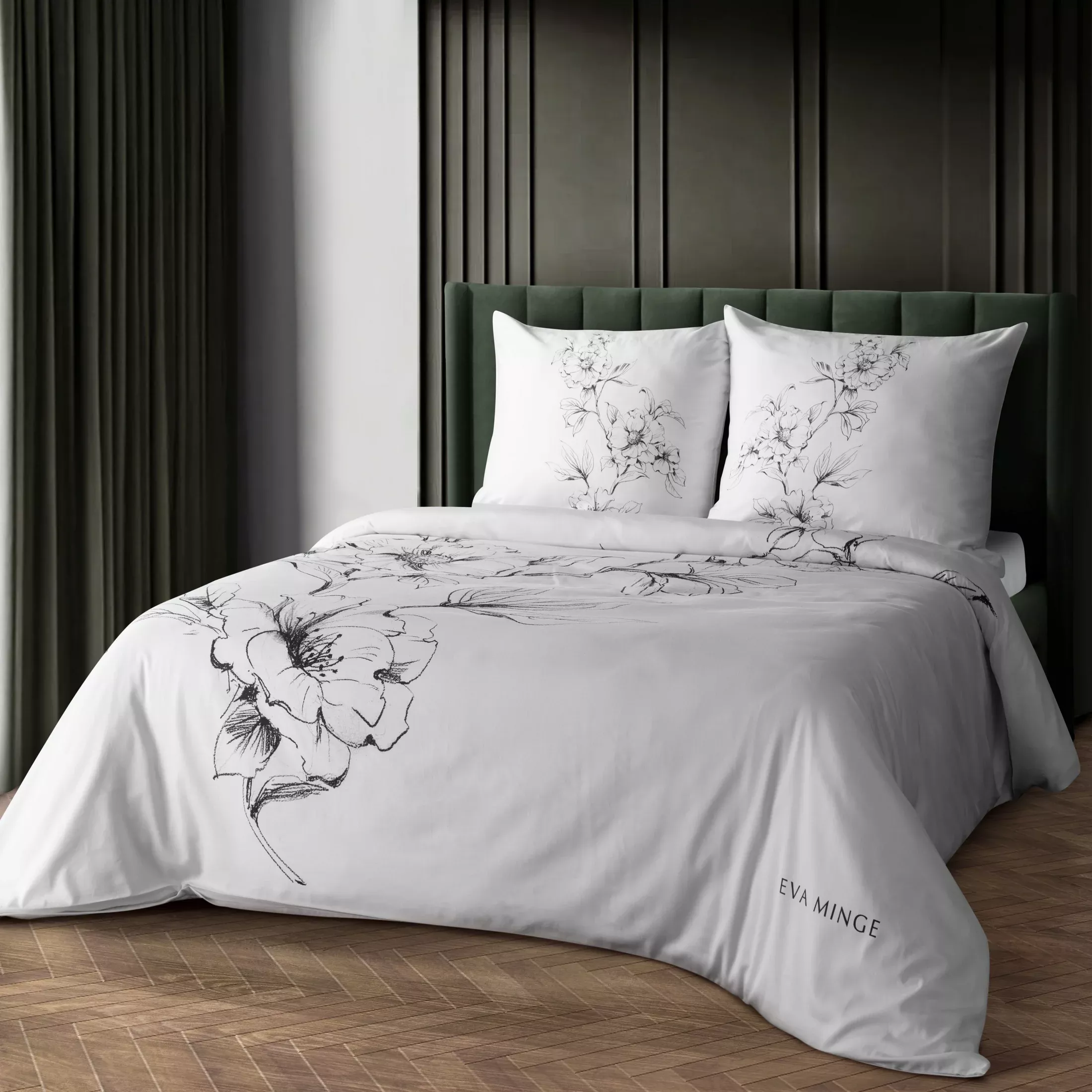 Pościel bawełniana z makosatyny 160x200 cm komplet 3 częściowy kolor biały, czarny z designerskim nadrukiem FLAVIA Eva Minge