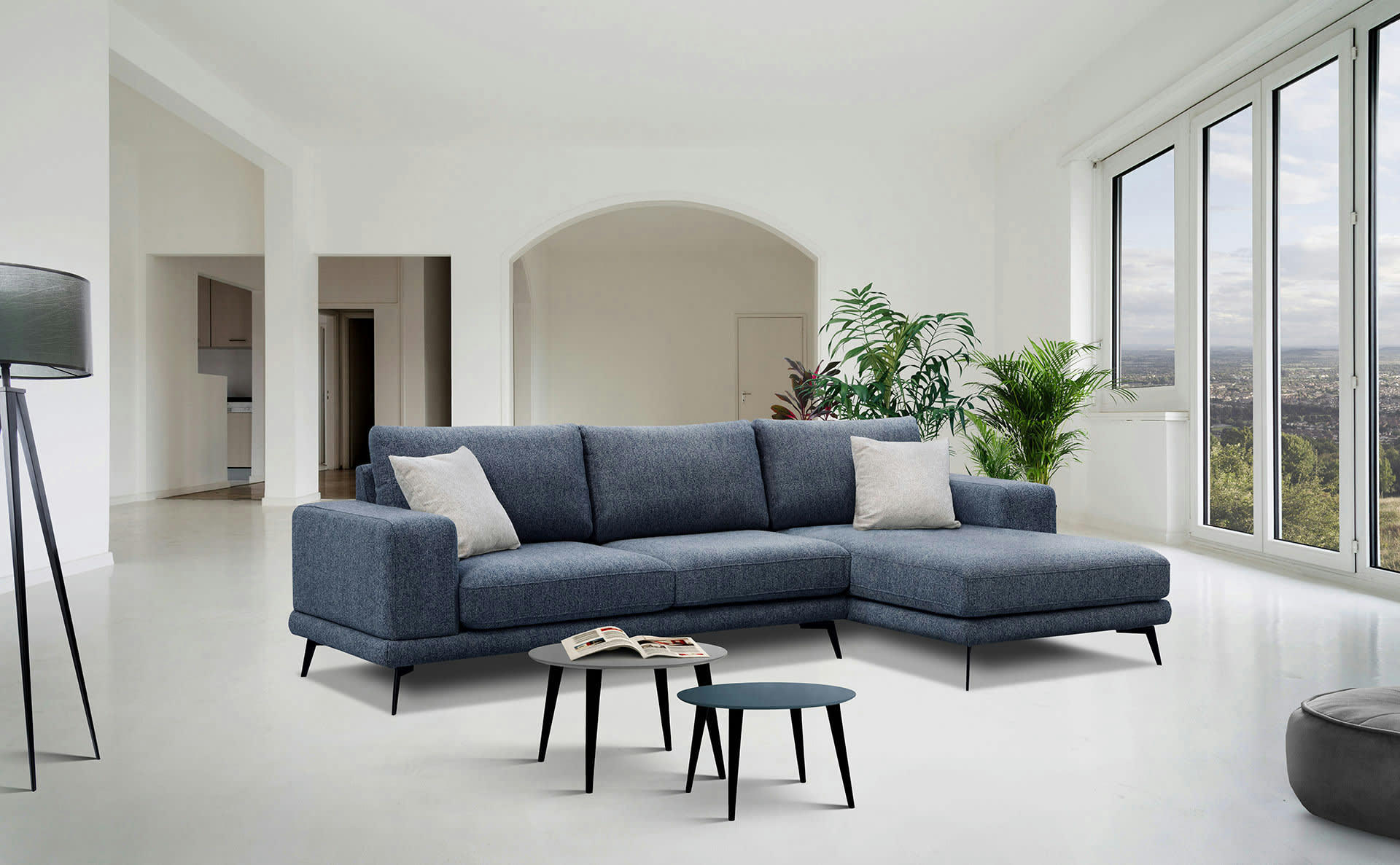 MEDIOLANE - Canapé d'angle droit 4 places tissu bleu foncé