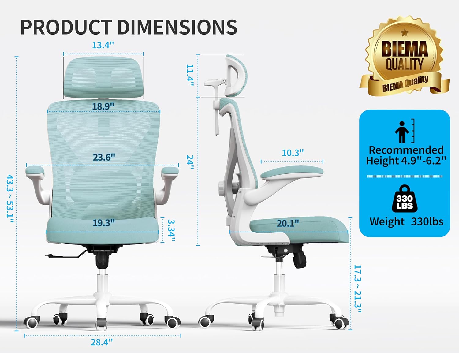 Office Chair - Ergonomic Office Chair with Back Support, Ergonomic Computer Chair - Home Office Desk Chairs, 400lbs Wide Seat Big and Tall Office Chairs with Headrest, Comfy Desk Chairs (Mint Green)