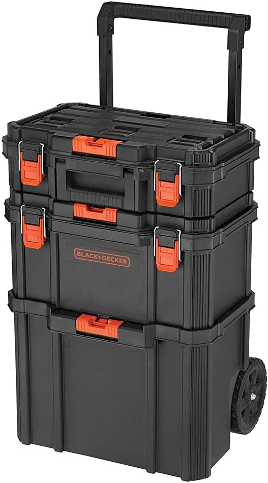 Stackable storage system - Three-piece set (small toolbox, dark-colored toolbox and rolling handbag)(System)