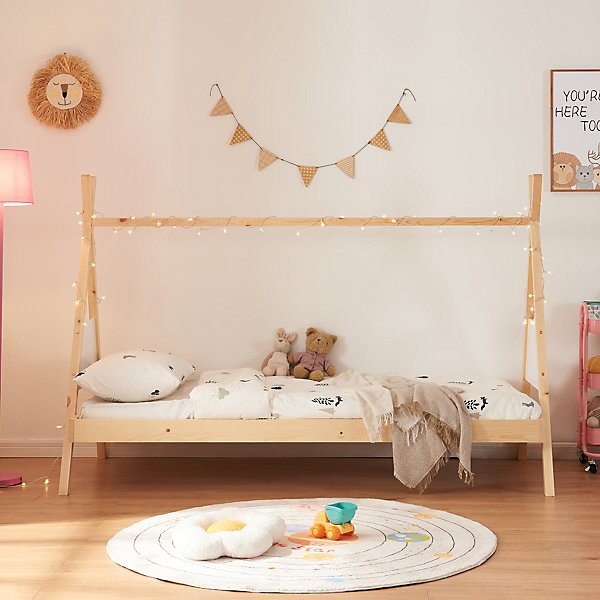 Lit tipi pour enfant Siikajoki bois de pin 90 x 200 cm naturel blanc en.casa