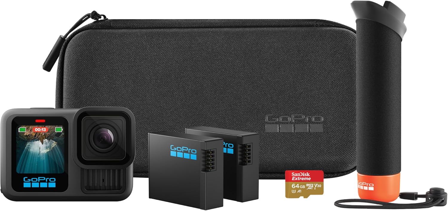 GoPro HERO13 Black Accessory Bundle - Includes The Handler  2 Enduro Batteries  2 Curved Adhesive Mounts  64GB SanDisk MicroSD Card  and Carrying Case
