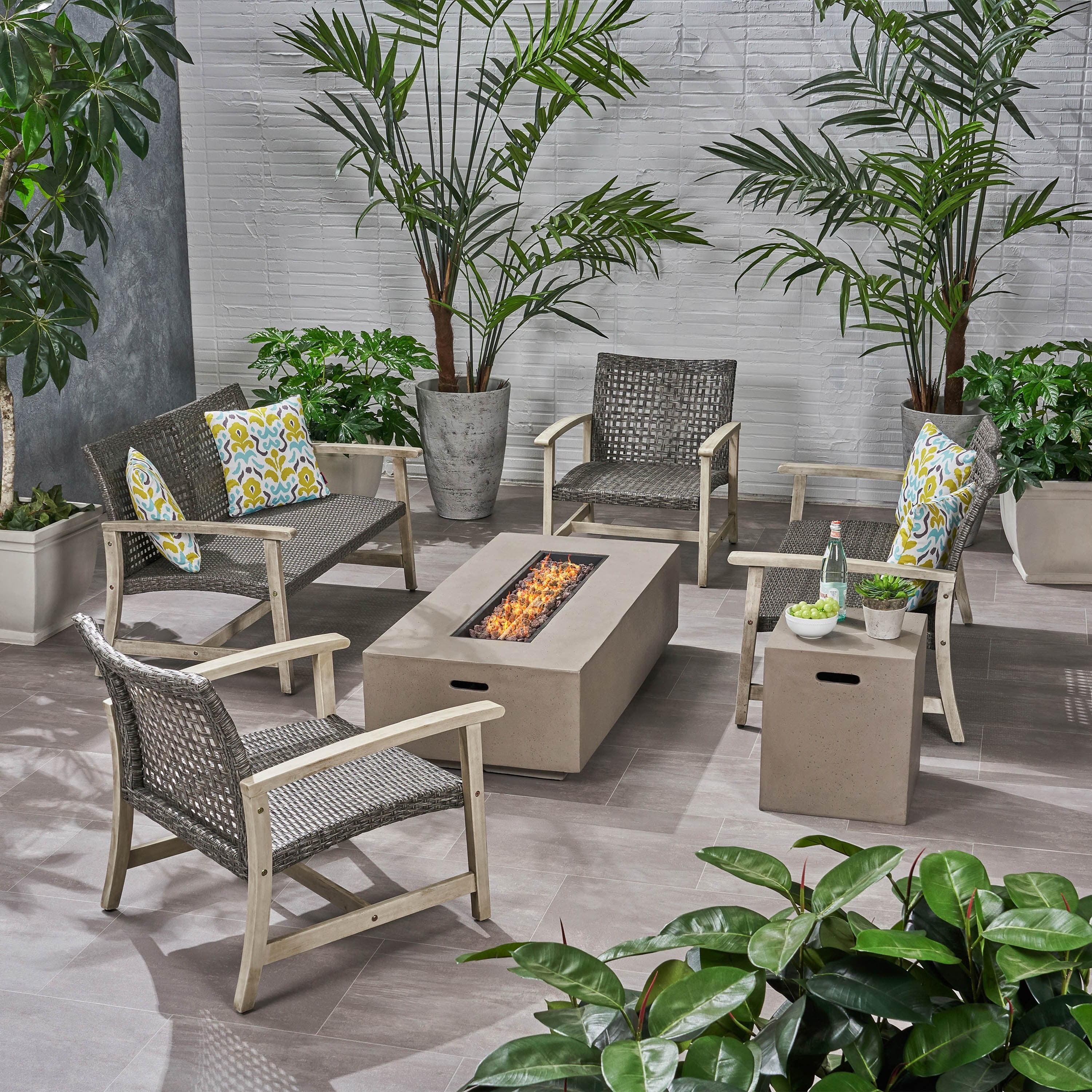 Augusta Outdoor Acacia Wood and Wicker 6 Seater Chat Set with Fire Pit by Christopher Knight Home