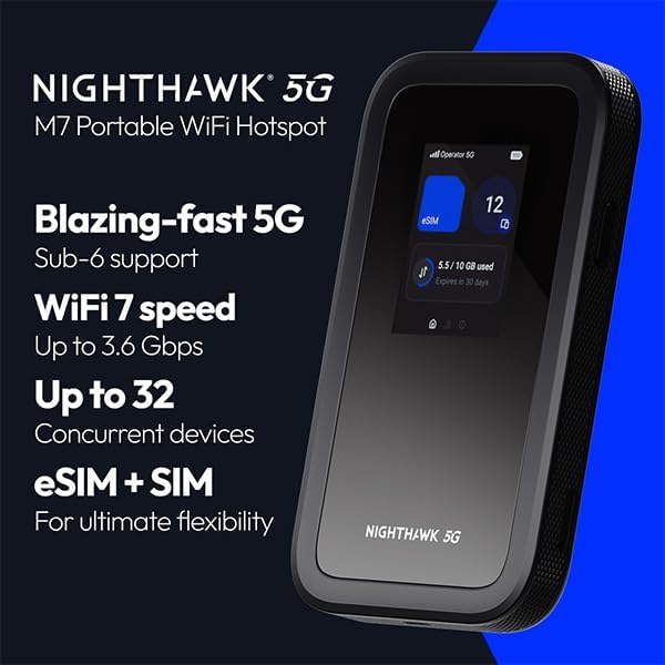 NETGEAR Nighthawk 5G Mobile Hotspot M7 with eSIM or SIM | Portable WiFi 7 Router for Travel in 140+ Countries | Supports 32 Devices | Unlocked 5G/4G LTE | 3.6Gbps Speed | AT&T  T-Mobile (MH7150)