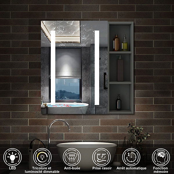 Armoire de toilette avec Miroir LED et étagère Latérale, Anti-Buée, éclairage 3 Couleurs   Prise, Anthracite 60x70 cm