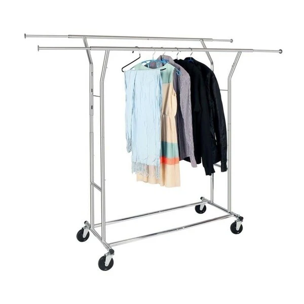 Portable Double-bar Steel Garment Rack Silver Clothes Drying Rack