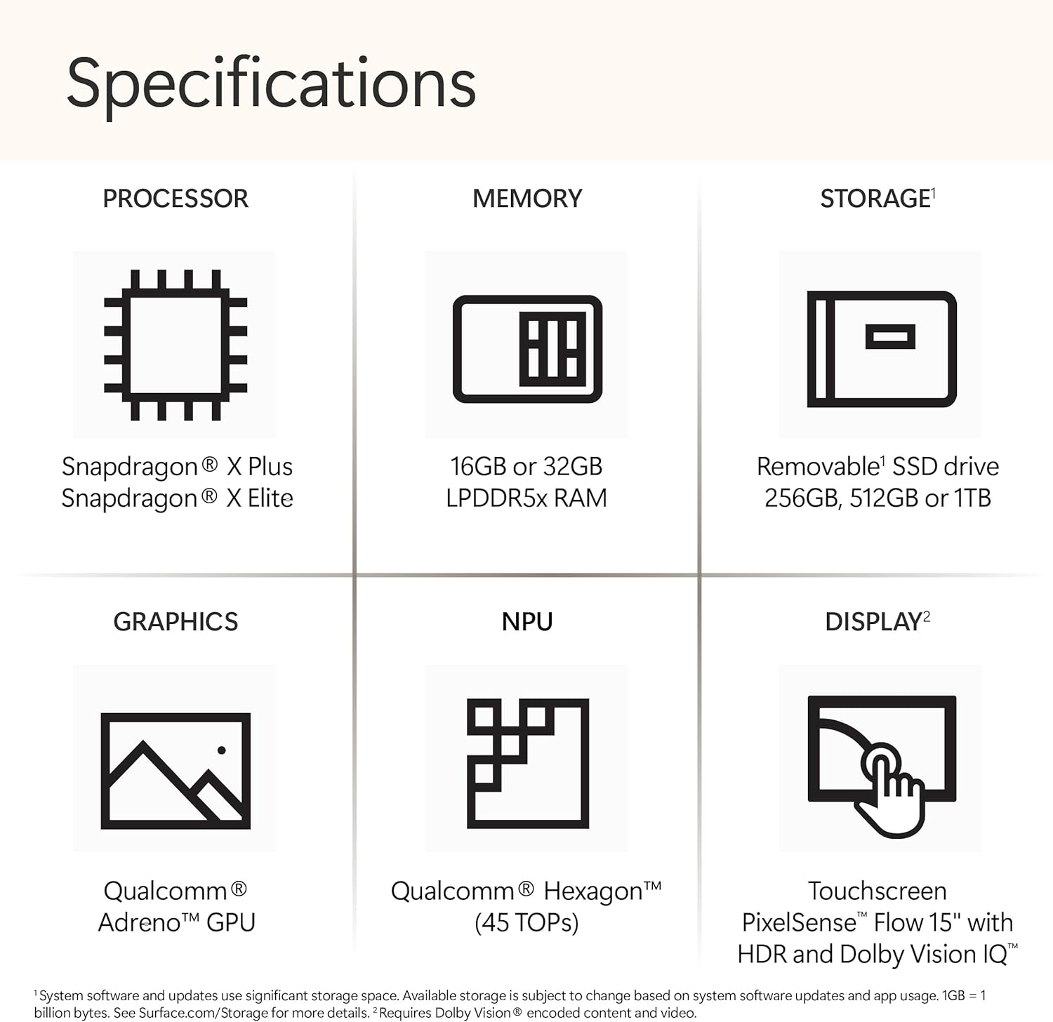 Microsoft Surface Laptop (2024)  Windows 11 Copilot+ PC  15 Touchscreen Display  Snapdragon X Elite (12 core)  16GB RAM  256GB SSD Storage  Platinum