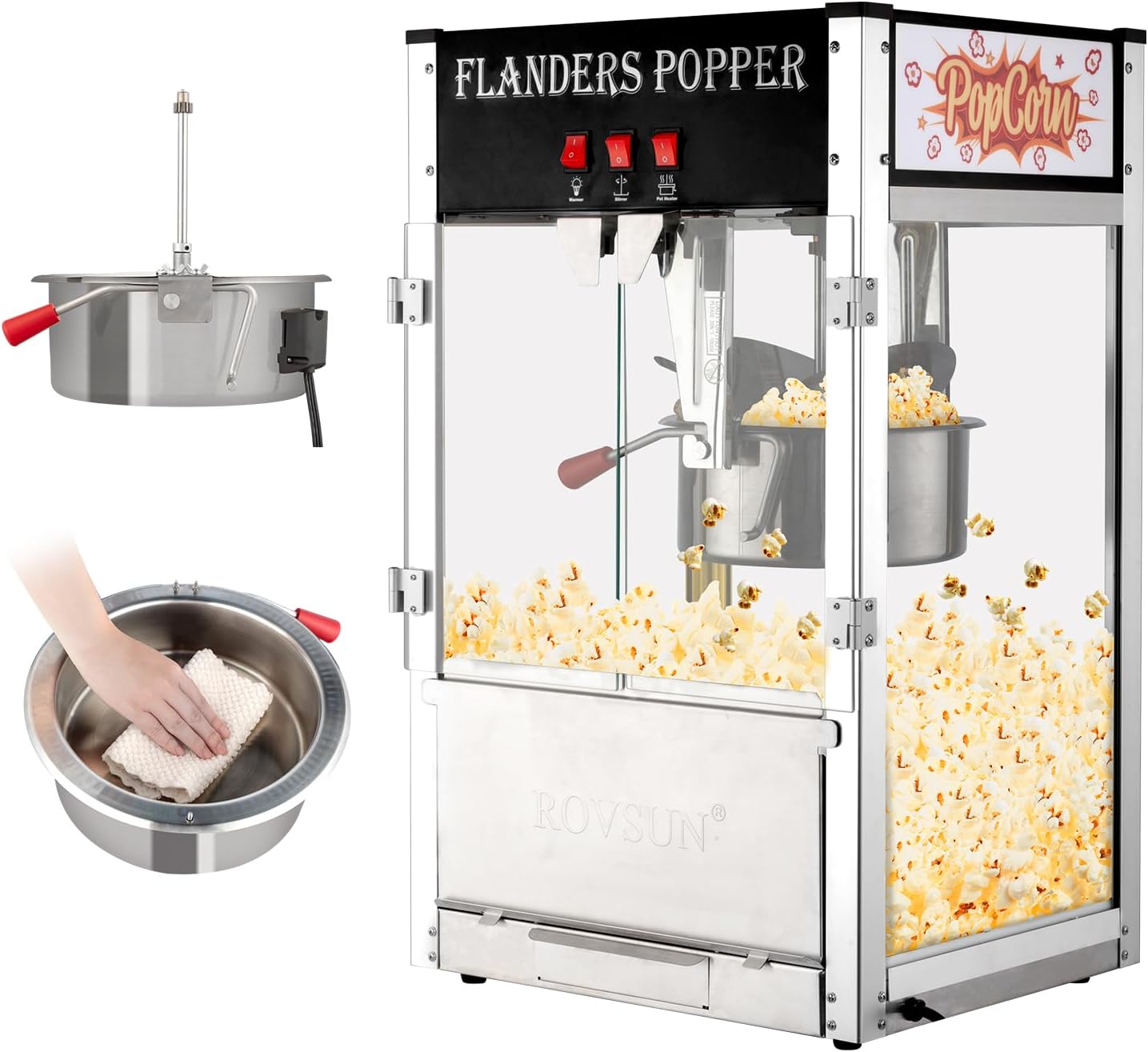 ROVSUN Commercial Popcorn Machine Movie Theater Style with 12 Ounce Kettle Makes Up to 80 Cups, Countertop Popcorn Maker Machine w/Stainless Steel Scoop, Oil Spoon & 3 Popcorn Cups, ETL Certified