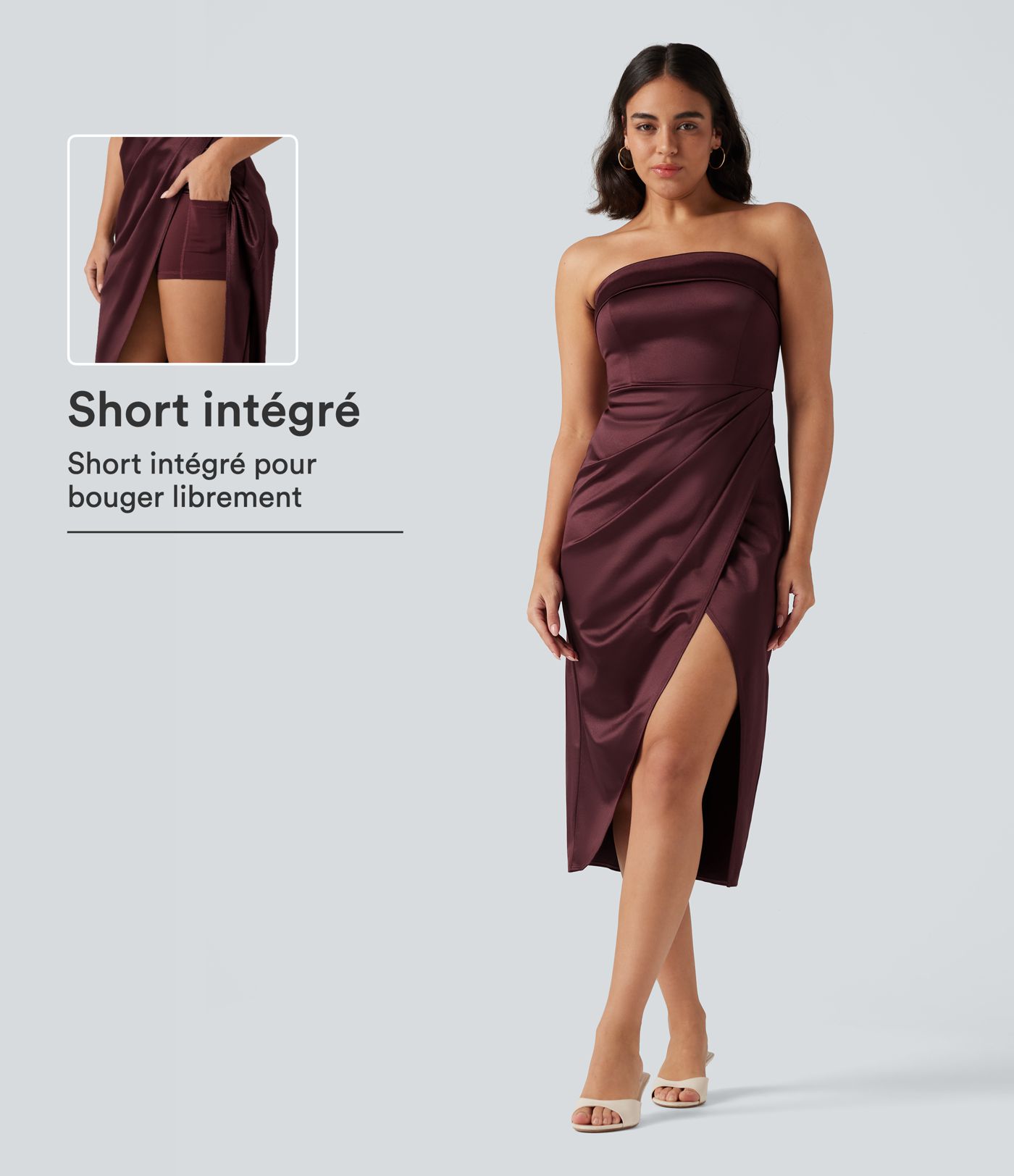 Robe de soirée midi moulante en satin 2 en 1