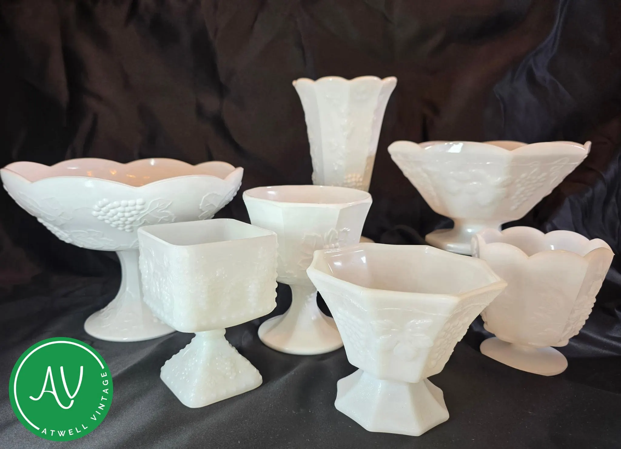 Vintage Milk Glass Grape Leaf Bowls, Compotes, Vases, Farmhouse Decor