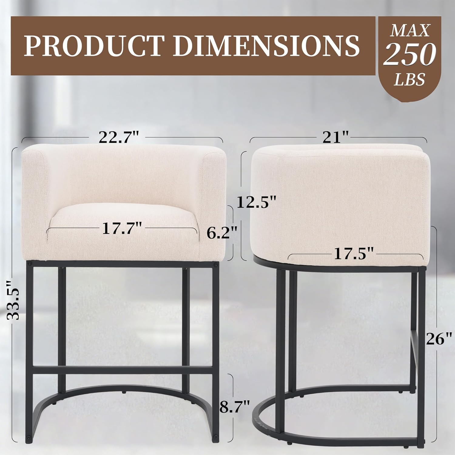 26 Counter Height Bar Stools Set of 3, Linen Fabric Upholstered Kitchen Counter Bar Stools, Modern Barrel Accent Barstools for Island with Backrest and Arms, Black Metal Frames, Linen
