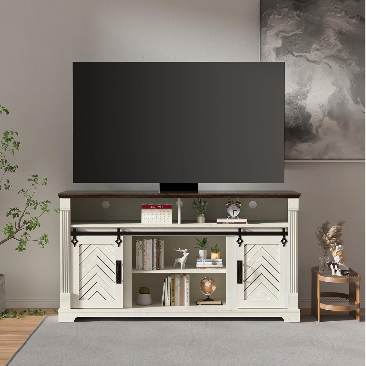 Minifeel Farmhouse TV Stand for 65+ Inch TV, 31 Tall Entertainment Center with Sliding Barn Door, Rustic TV Stands for Bedroom with Adjustable Shelf, Wooden TV Consoles for Living Room, Antique White