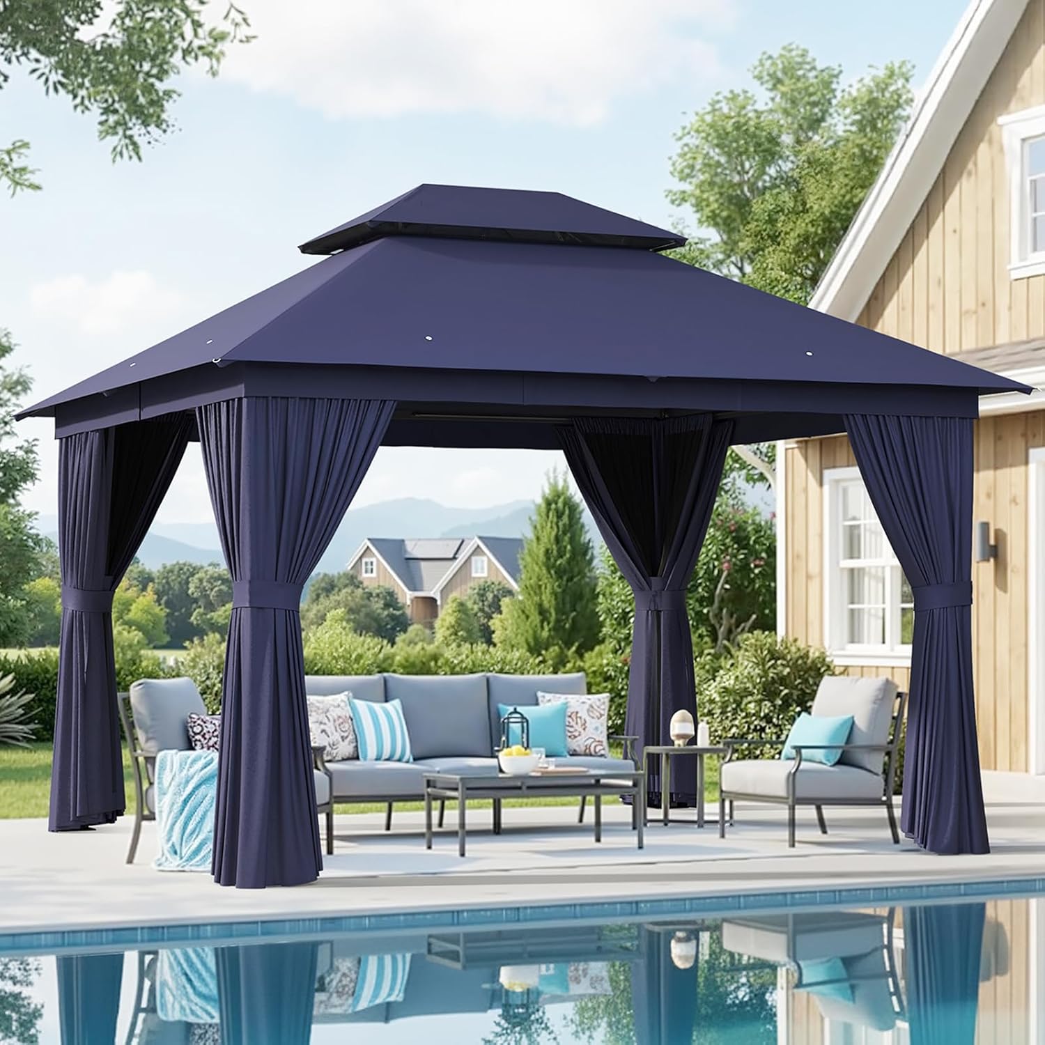 AOXUN Outdoor Gazebo for Patio 10x12 Metal Frame Canopy with Double Roofs Heavy Duty Party Tent and Shelter with Mosquito Netting and Privacy Screen for Backyard  Lawn  Garden  Deck (Navy Blue)